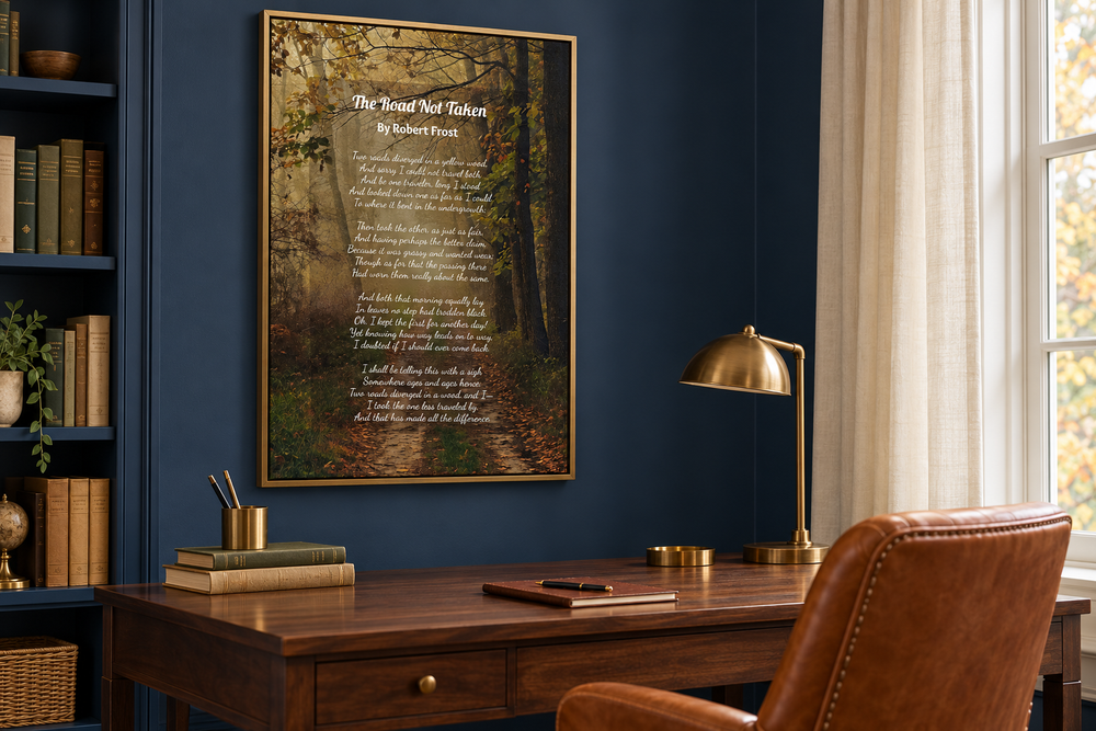 Framed canvas wall art of Robert Frost's The Road Not Taken poem over a forest path scene.