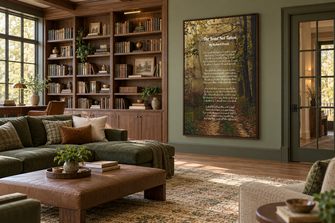 The Road Not Taken Robert Frost poem framed canvas art in a sage green library setting.