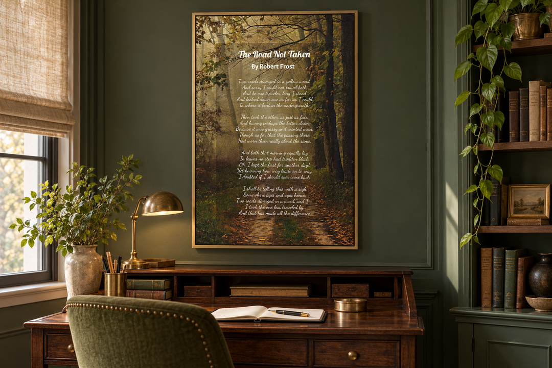 Framed canvas wall art of Robert Frost's The Road Not Taken poem over a serene forest path scene.