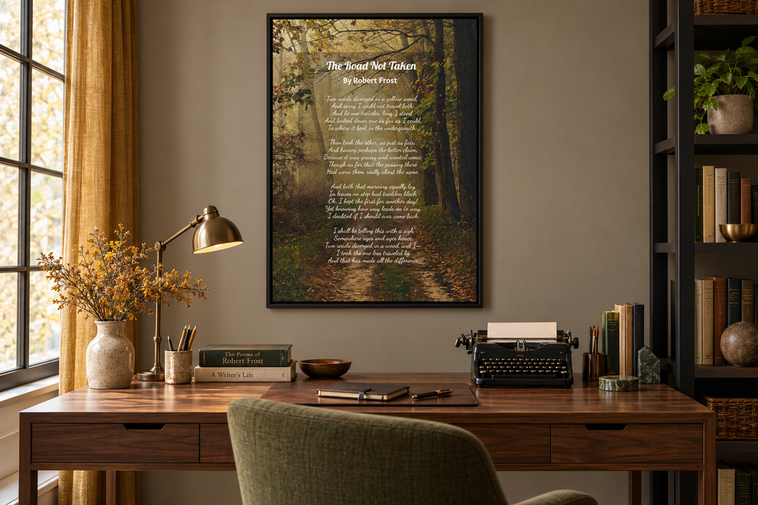 Framed canvas wall art of Robert Frost's The Road Not Taken poem over a serene forest path scene.