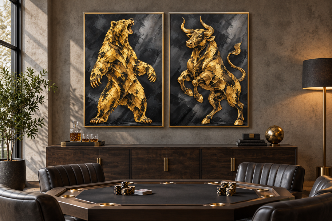 Set of two gold bear and bull canvas prints on a dark wall above a poker table in a modern office.