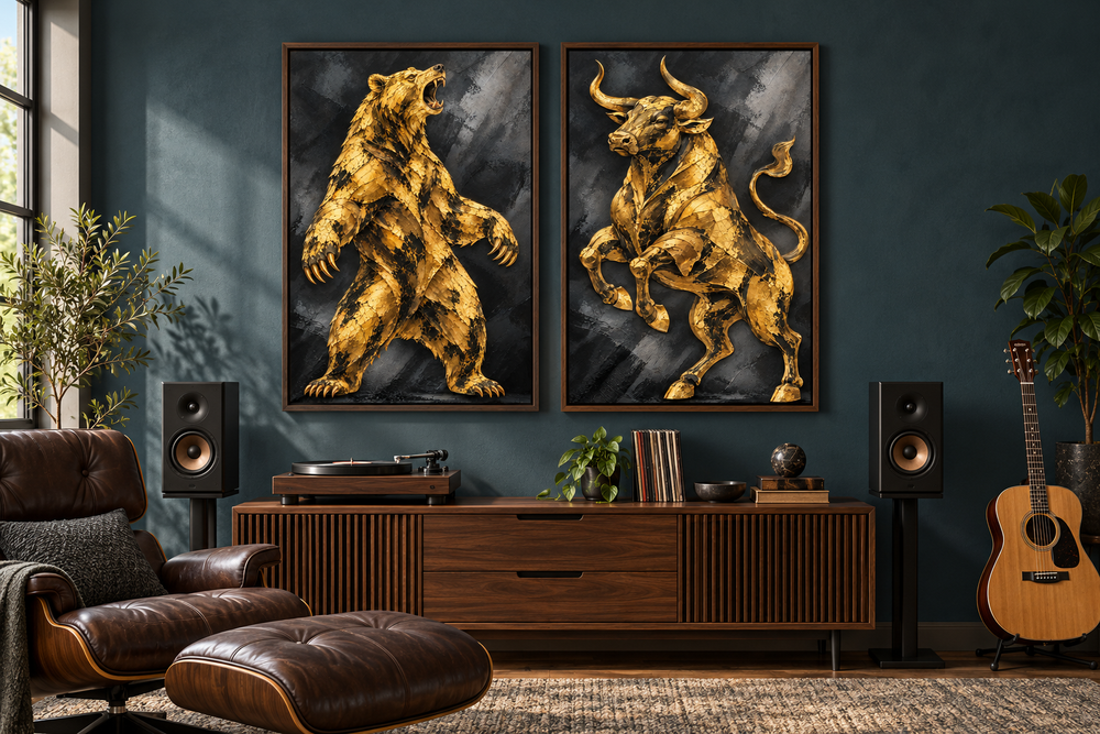 Set of two vertical canvas prints featuring a textured gold bear and bull on a black background.