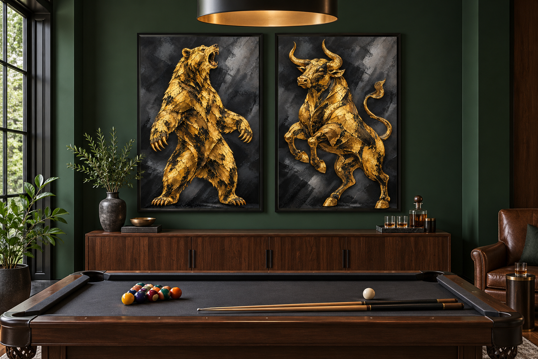 Gold Bear and Bull wall art set of 2 canvas prints on a dark green wall above a pool table.