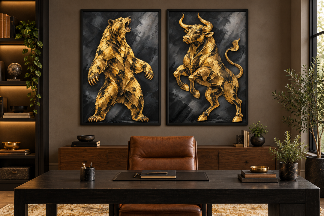 Set of two vertical black and gold canvas prints featuring a bear and a bull in a modern office.