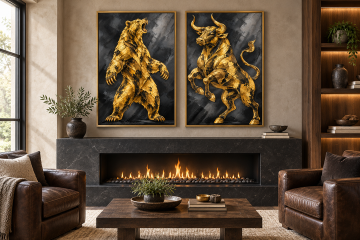 Gold bear and bull canvas wall art set of 2 above a fireplace in a modern office or living room.