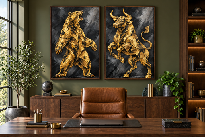 Gold Bear and Bull wall art set of 2 black gold canvas prints in a modern office setting.