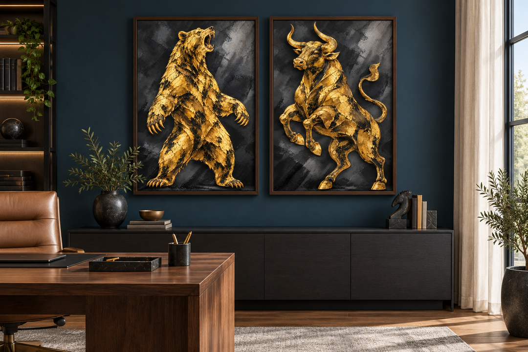 Set of two vertical canvas prints featuring a textured gold bear and bull on a black background.