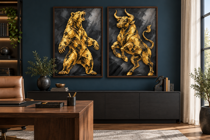 Set of two vertical canvas prints featuring a textured gold bear and bull on a black background.