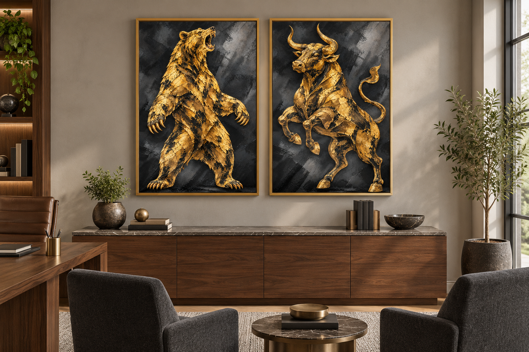 Gold Bear and Bull wall art set of 2 black gold canvas prints in a modern office setting.