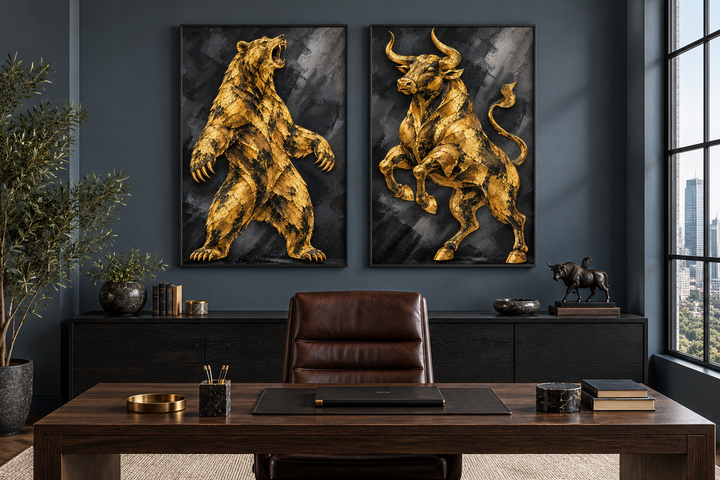 Gold Bear and Bull wall art set of 2 black and gold canvas prints in a modern office setting.