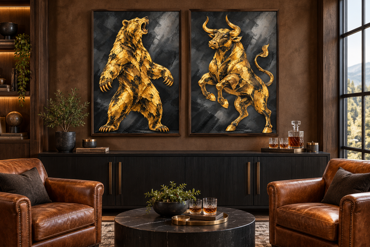 Set of two black and gold canvas prints featuring a roaring bear and a charging bull in an office.
