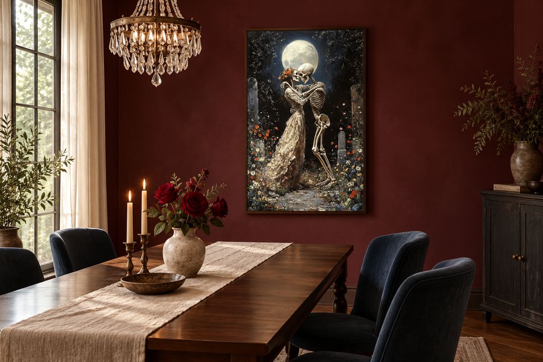 Skeletons dancing in a moonlit cemetery gothic wall art in a dark red dining room.