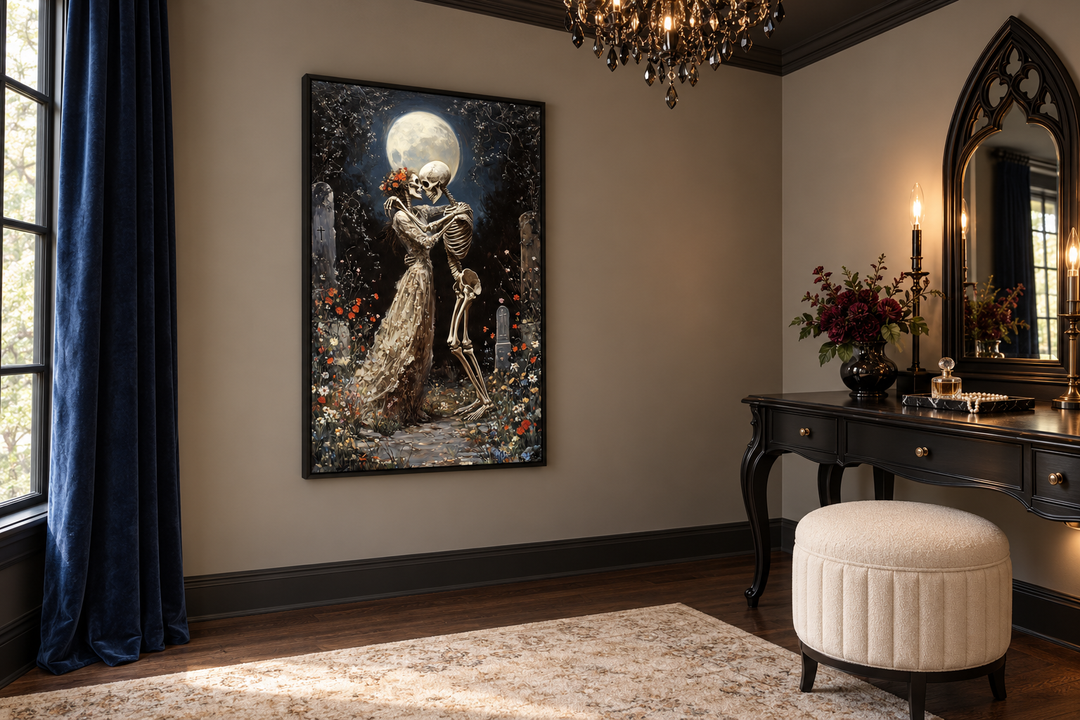 Gothic wall art of two skeletons dancing in a moonlit cemetery, framed in a dark dressing room.