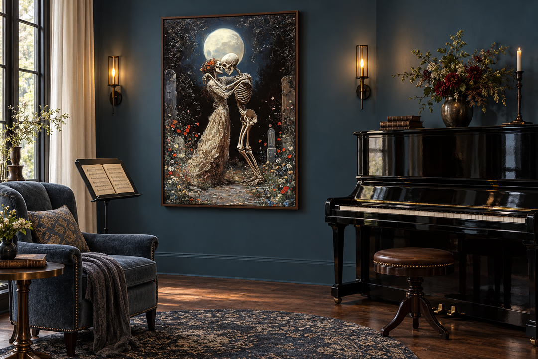Gothic wall art of two skeletons dancing in a cemetery under a full moon in a dark music room.