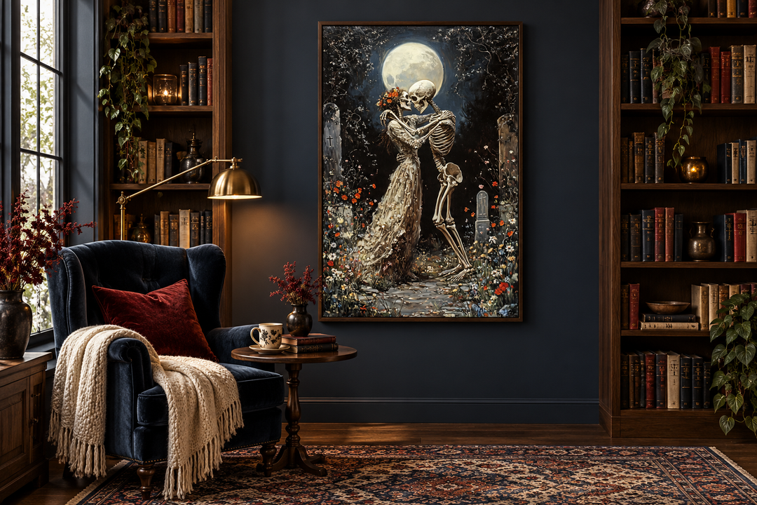 Gothic wall art of two skeletons dancing in a moonlit cemetery, framed in a dark library setting.