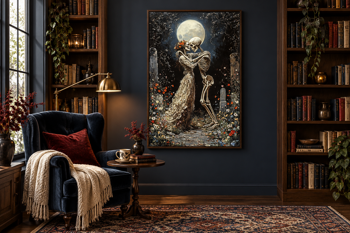 Gothic wall art of two skeletons dancing in a moonlit cemetery, framed in a dark library setting.