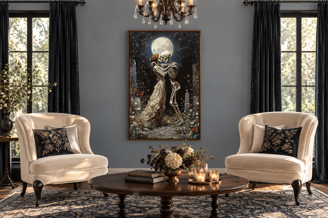Skeletons Dancing At Cemetery Romantic Gothic Wall Art in a dark grey sitting room.
