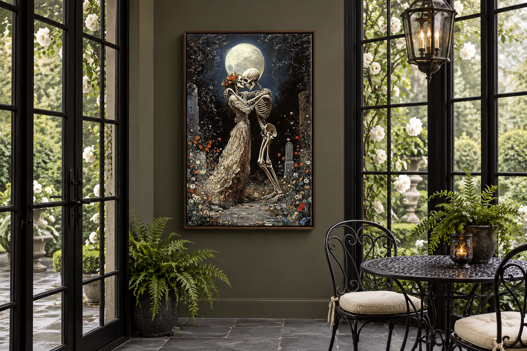 Skeletons dancing in a cemetery under a full moon, framed gothic wall art in a dark green sunroom.