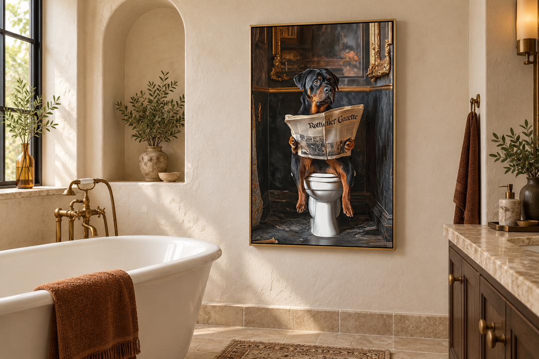 Canvas wall art of a Rottweiler dog sitting on a toilet reading a newspaper in a bathroom setting.