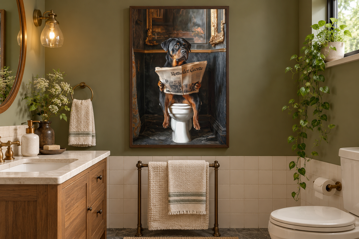 Rottweiler dog reading a newspaper on a toilet canvas wall art in a green bathroom setting.