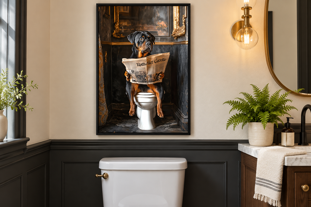 Framed canvas art of a Rottweiler dog sitting on a toilet reading a newspaper in a bathroom.