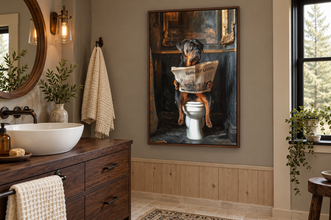 Framed canvas wall art of a Rottweiler dog sitting on a toilet reading a newspaper in a bathroom.
