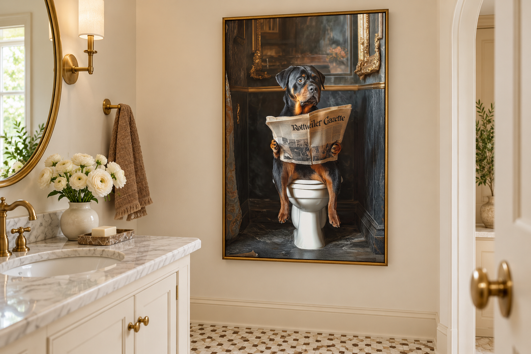 Rottweiler dog on a toilet reading a newspaper canvas wall art in a gold frame in a bathroom.