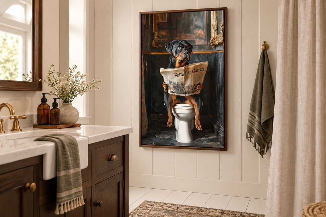 Rottweiler dog on a toilet reading a newspaper canvas wall art in a rustic bathroom setting.