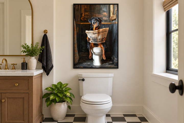Framed canvas art of a Rottweiler dog sitting on a toilet reading a newspaper in a bathroom.