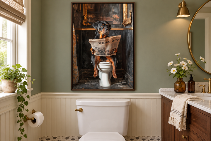 Framed canvas art of a Rottweiler dog reading a newspaper on a toilet in a sage green bathroom.