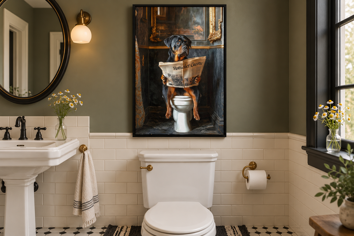 Framed canvas art of a Rottweiler dog reading a newspaper on a toilet in a green bathroom.