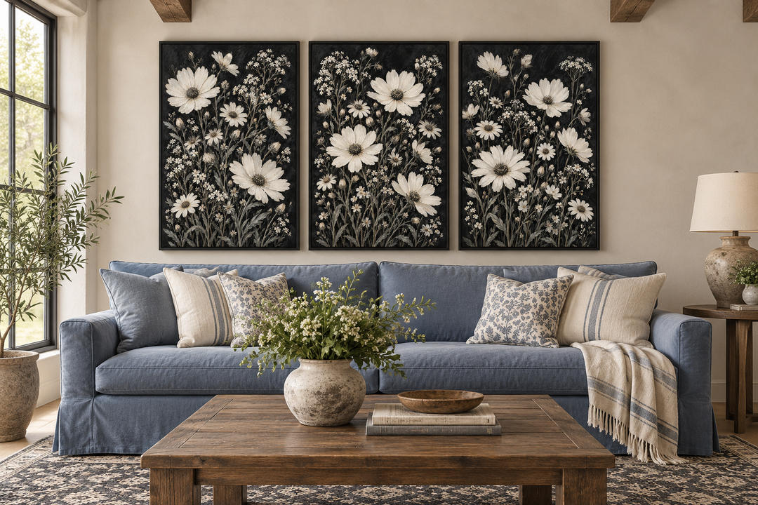 Set of 3 white wildflower canvas prints on black backgrounds in a rustic living room.