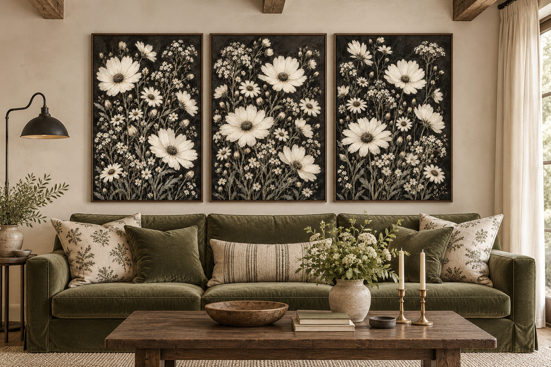 Set of 3 white wildflower canvas prints on black backgrounds above a green sofa in a rustic room.