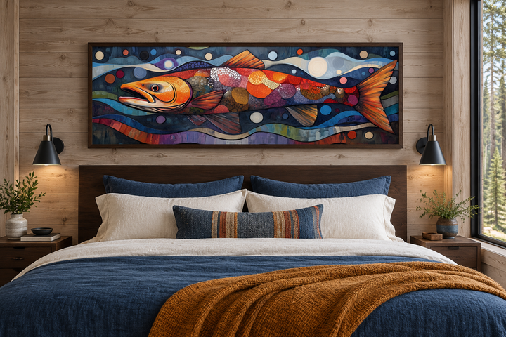 Colorful salmon long horizontal framed canvas wall art hanging above a bed in a rustic bedroom.