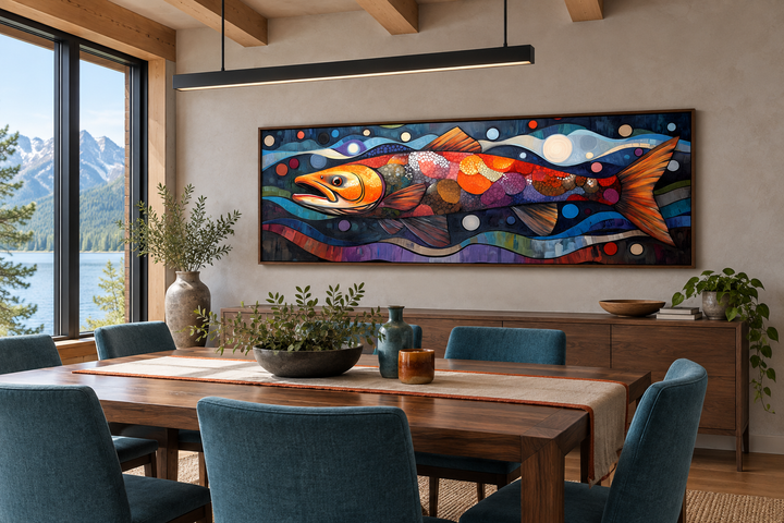 Colorful salmon long horizontal framed canvas wall art hanging in a modern rustic dining room.