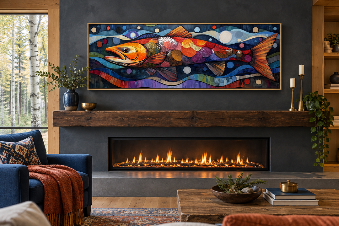 Colorful salmon long horizontal framed canvas wall art displayed above a modern fireplace mantel.