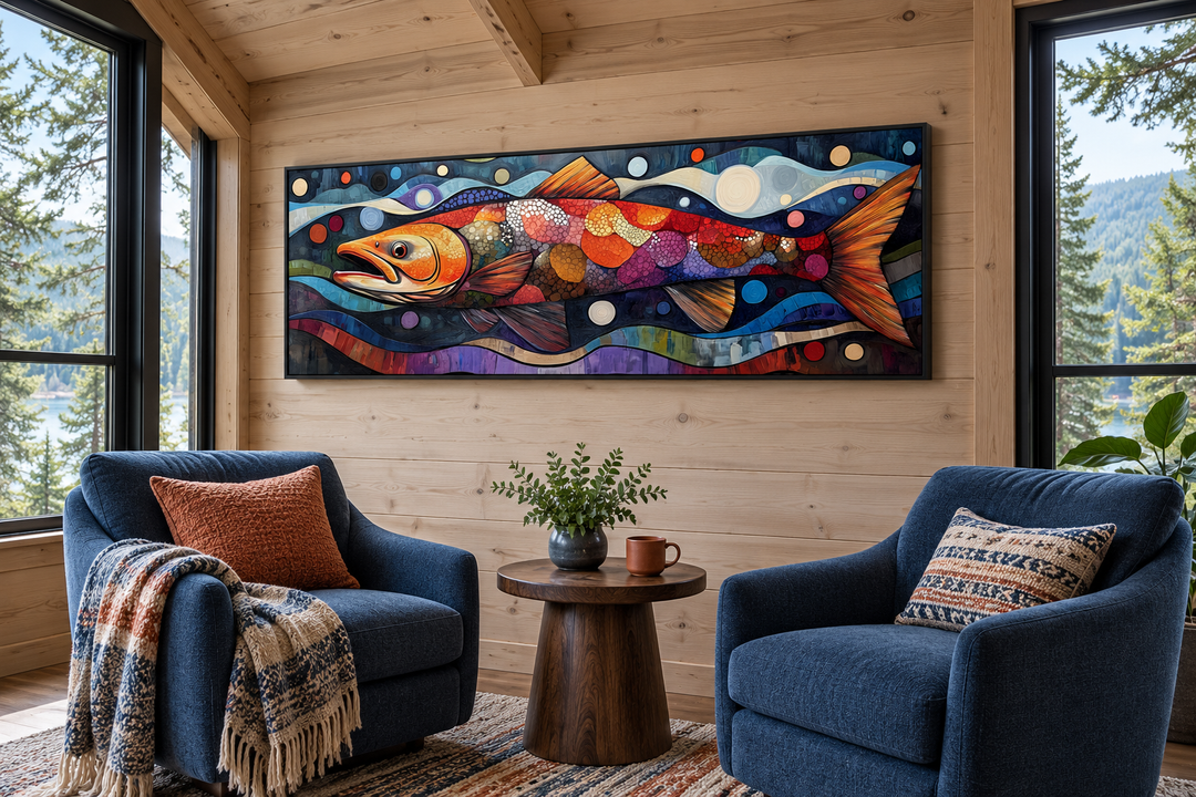 Colorful salmon long horizontal framed canvas wall art hanging in a rustic cabin living room.