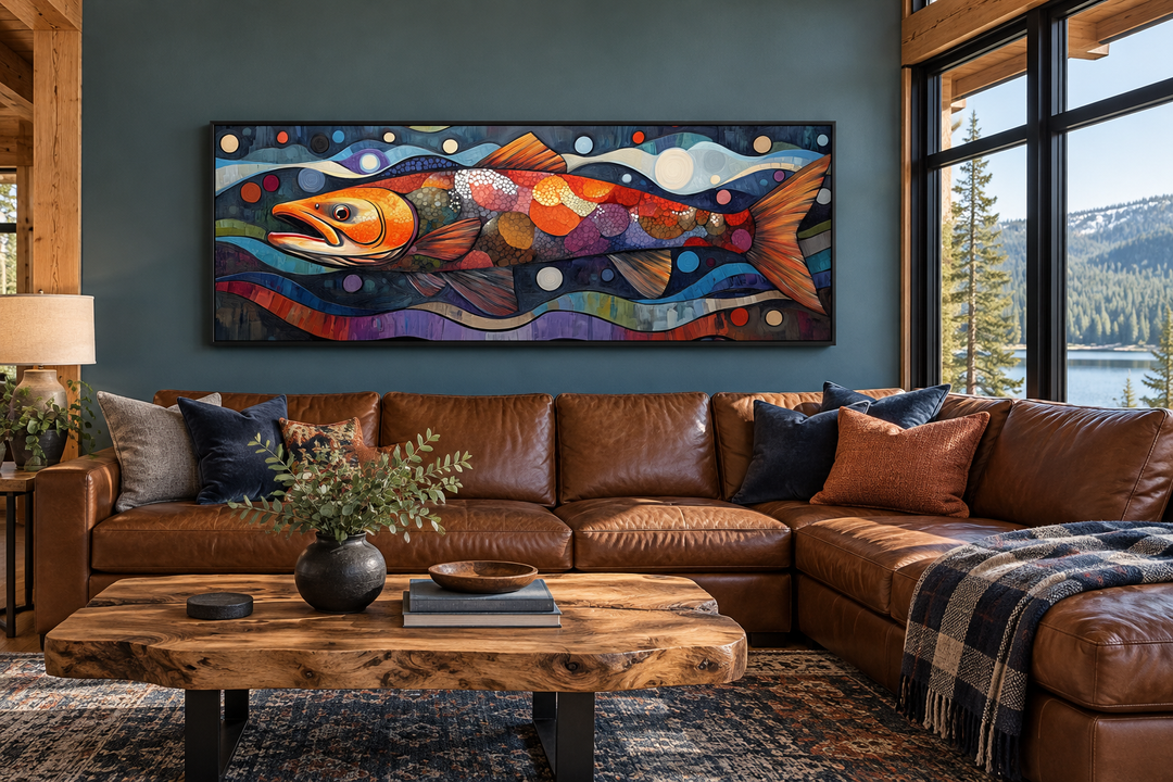 Colorful salmon long horizontal framed canvas wall art hanging above a brown leather sectional sofa.