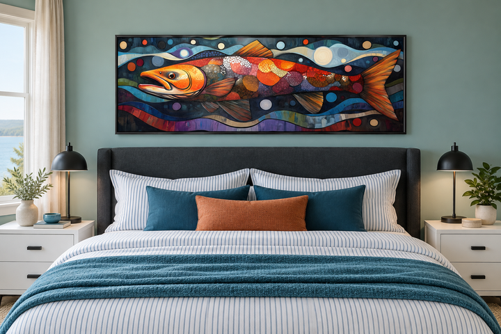 Colorful Salmon Long Horizontal Framed Canvas Wall Art hanging above a bed in a modern bedroom.
