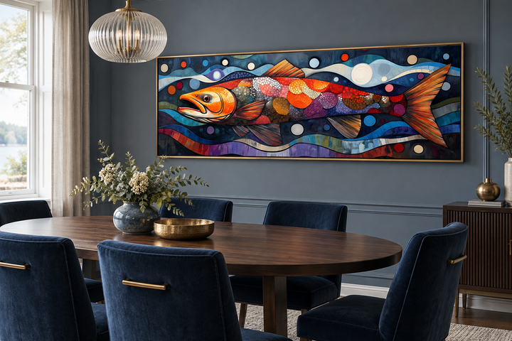 Colorful salmon long horizontal framed canvas wall art hanging in a modern dining room.