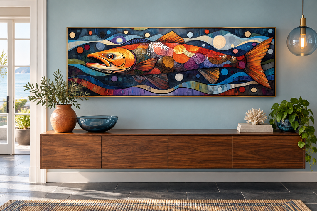 Colorful salmon long horizontal framed canvas wall art displayed above a wooden console table.