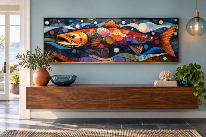 Colorful salmon long horizontal framed canvas wall art displayed above a wooden console table.