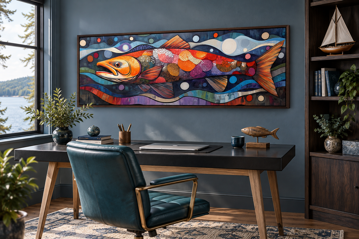 Colorful salmon long horizontal framed canvas wall art hanging in a modern home office.
