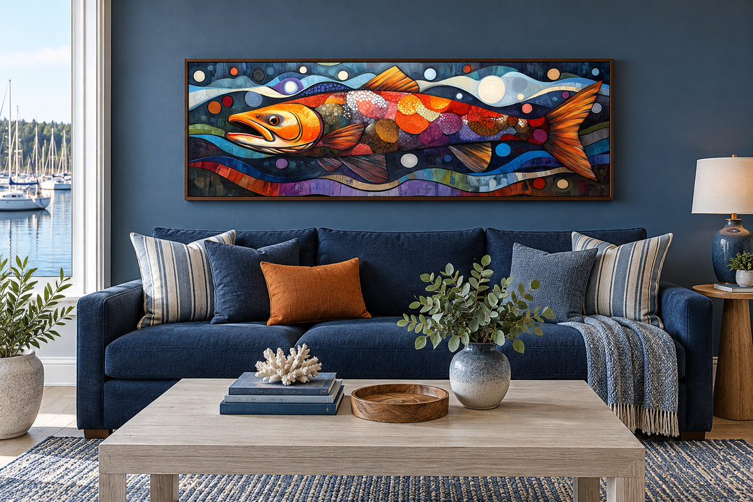 Colorful salmon long horizontal framed canvas wall art hanging above a navy blue sofa.