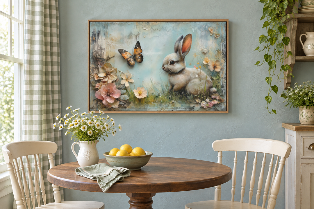 Framed shabby chic wall art of a bunny in a floral meadow with a butterfly in a breakfast nook.