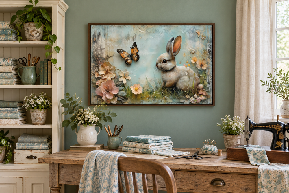 Shabby chic framed wall art of a bunny and butterfly in a floral meadow above a rustic craft desk.