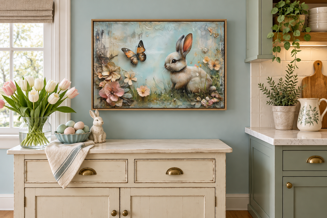 Framed shabby chic bunny wall art in a floral meadow above a farmhouse sideboard.