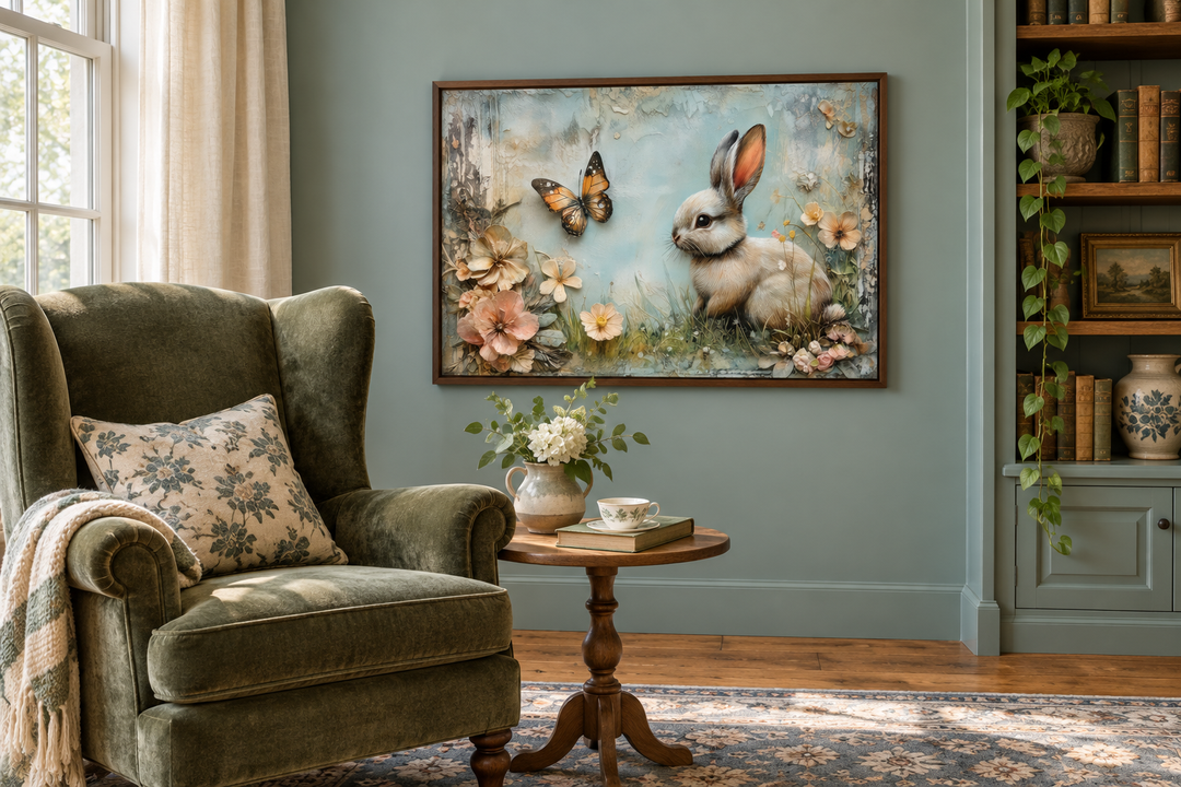 Framed shabby chic wall art of a bunny in a floral meadow with a butterfly in a cozy reading room.