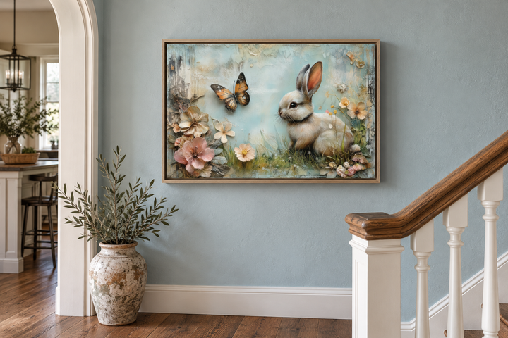Shabby chic framed wall art of a bunny and butterfly in a floral meadow on a blue wall.