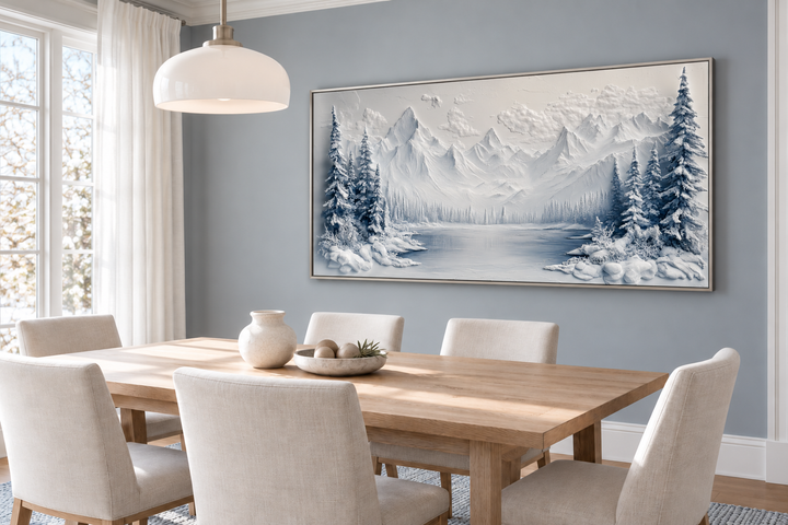 Snowy Mountain Lake With Pine Trees Winter Framed Canvas Wall Art in a modern dining room.